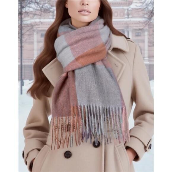 Womens plaid blanket scarf winter cashmere feel soft warm large thick cozy shawl - Picture 6 of 7